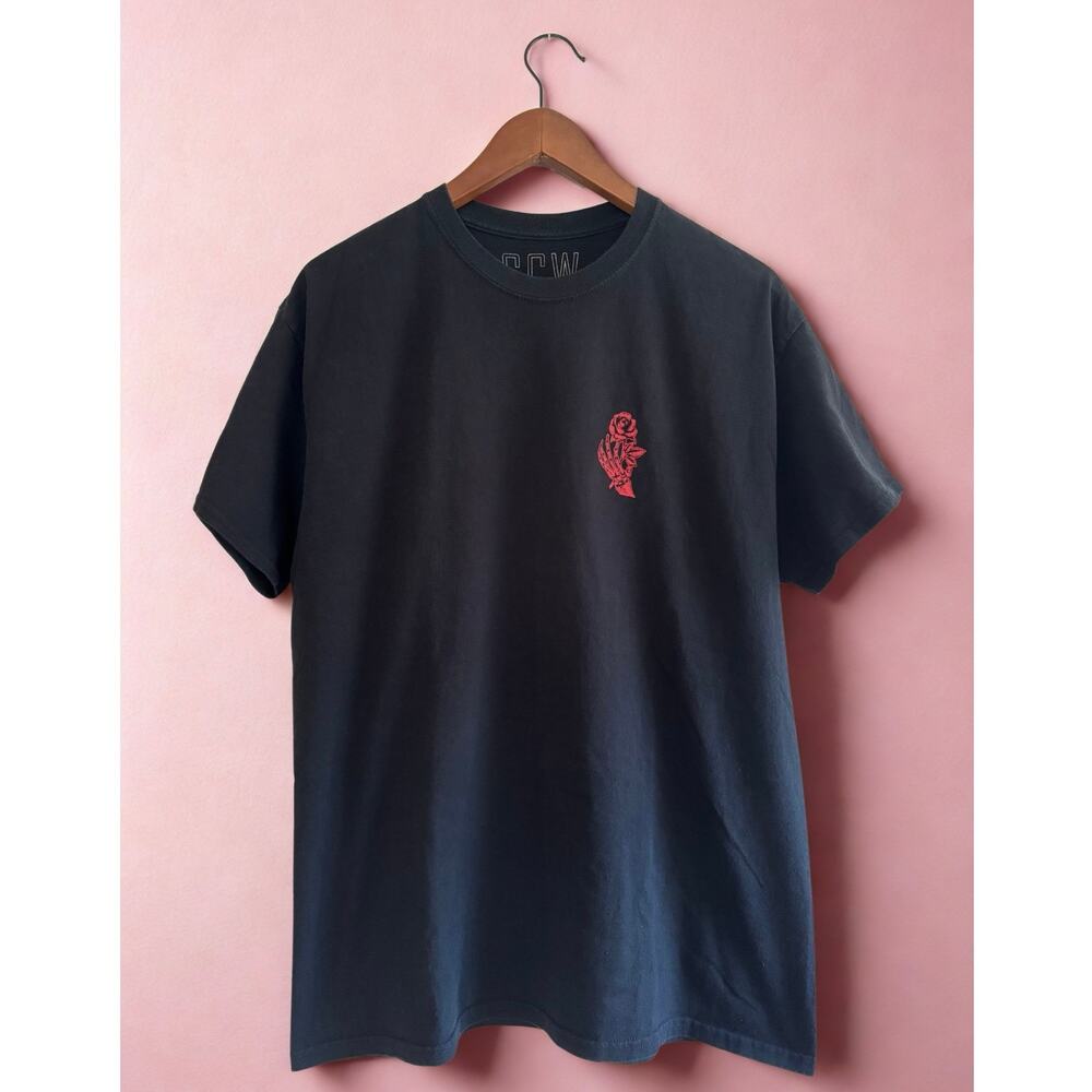 SCW Black Men’s Large Graphic Tee | Skeleton Hand & Rose Los Angeles New York